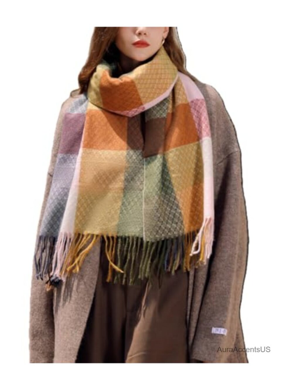Winter Cashmere Like Knit Scarf, Large Plaid Tassel Shawl Wrap, Warm Cozy